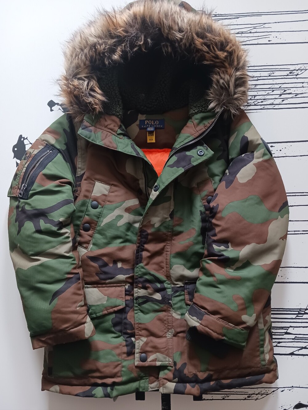 Polo by Ralph Lauren Camouflage Fur-Trim Parka ,pufder Jacket Size 8/S/P/